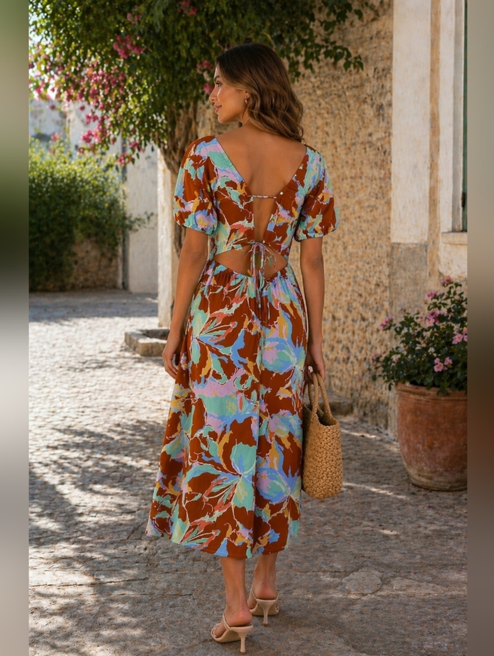 Gianni Bini Brown Floral Square-Neck Puff Sleeve Midi Dress - Picture 2 of 5